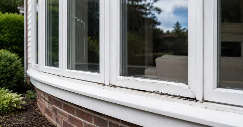 technician inspecting bow window frame and seal for damage in Oakville