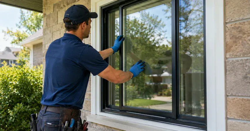 technician measuring a broken window pane for replacement in Oakville