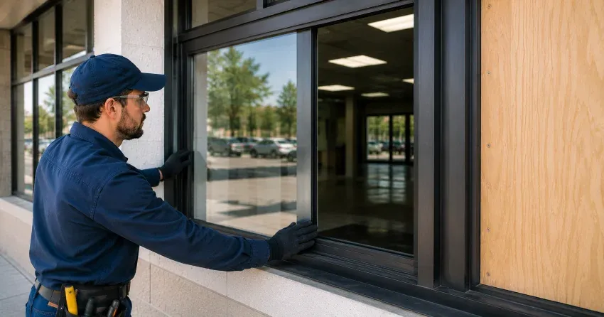 technician boarding a broken window after a break-in in Eastlake, Oakville