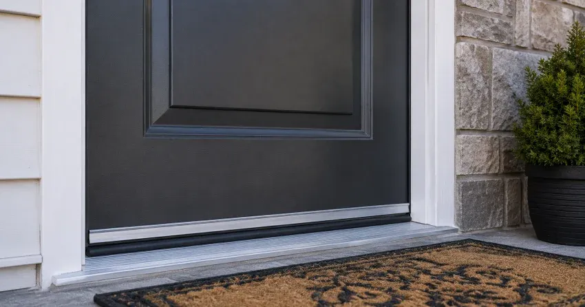 technician replacing worn door weatherstripping in Oakville home