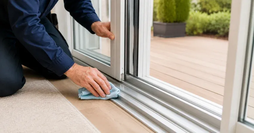 technician inspecting a sliding patio door track in Chartwell, Oakville