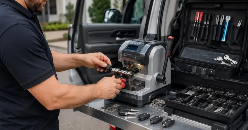 technician cutting a replacement car door lock key in Lyons District, Oakville