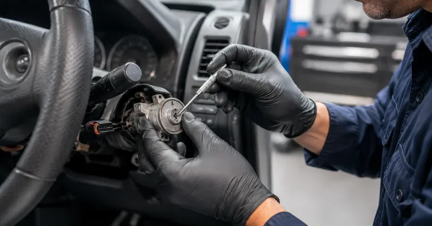 technician diagnosing an ignition lock repair issue in Westmount, Oakville