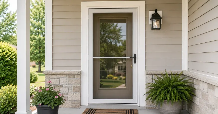 technician hanging storm door square and plumb in Oakville