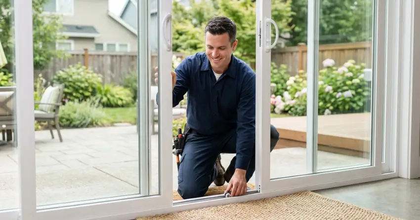 technician diagnosing a sticking patio door in Eastlake, Oakville