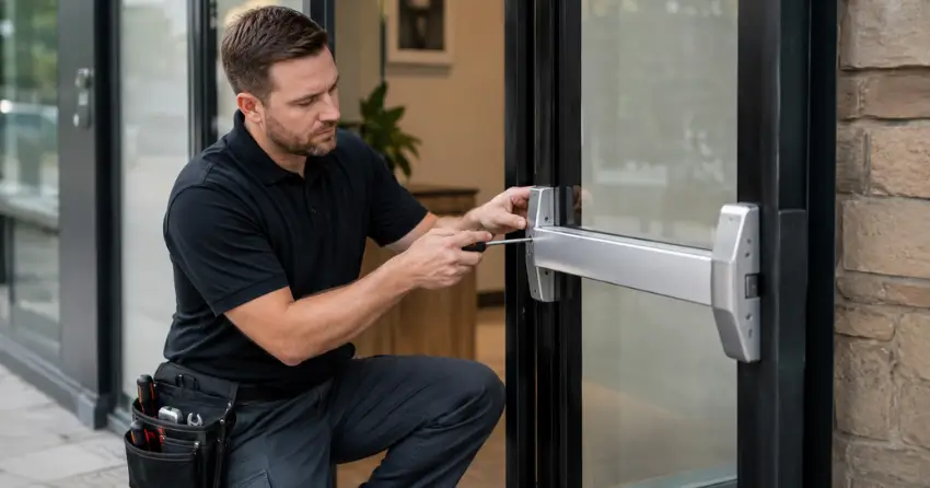 commercial locksmith repairing exit device on storefront door Cornwall District, Oakville