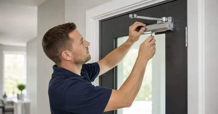technician adjusting door closer hydraulic valve in Eastlake, Oakville home