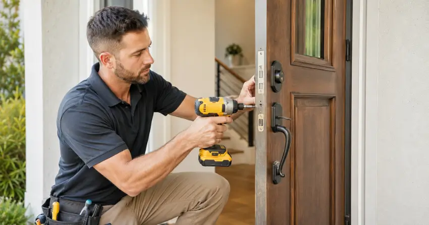 locksmith installing new deadbolt lock on front door in Oakville