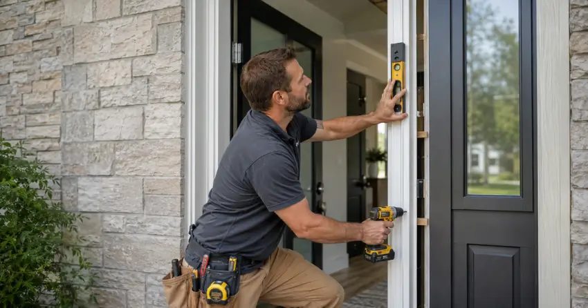 technician installing a new exterior door frame in Oakville