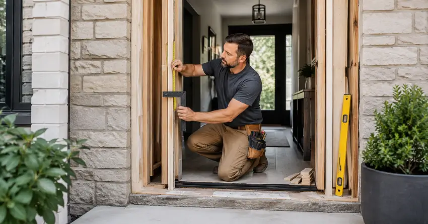exterior door installer assessing rough opening in Morrison, Oakville