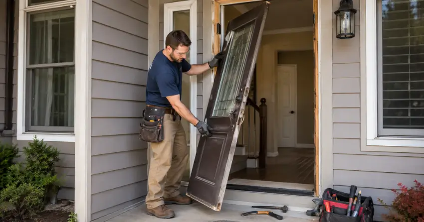 old exterior door being removed for replacement in Oakville