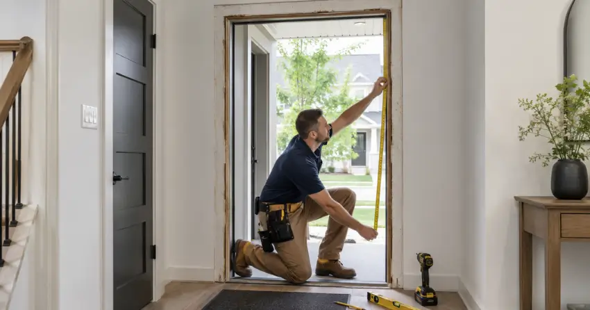 technician measuring a door frame before new door installation in Bronte, Oakville