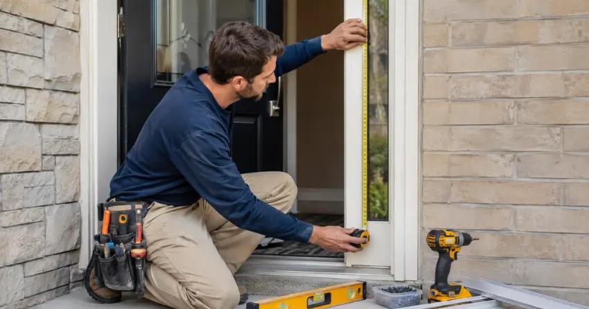 technician measuring door frame before storm door install in Oakville