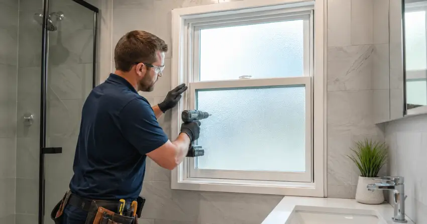 frosted glass installation bathroom window in Morrison, Oakville