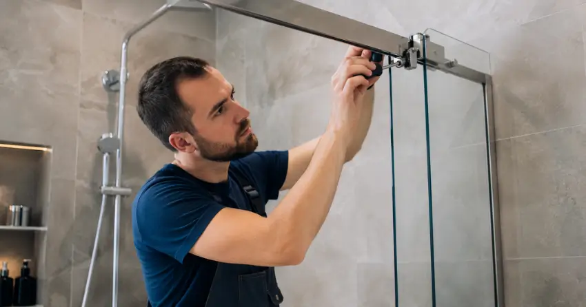 technician adjusting shower door hinge and track in Oakville