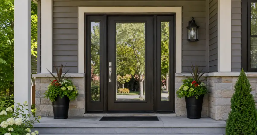 glass entry door with sidelights on a home in Lyons District, Oakville