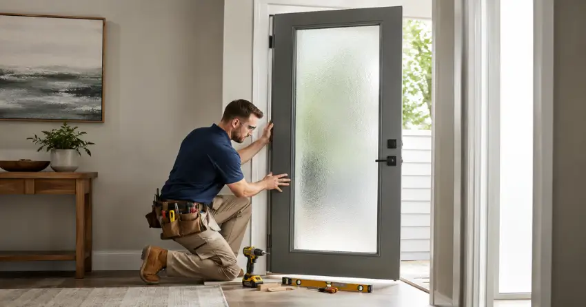 glass panel door installation with frosted privacy glass in residential setting in Morrison, Oakville