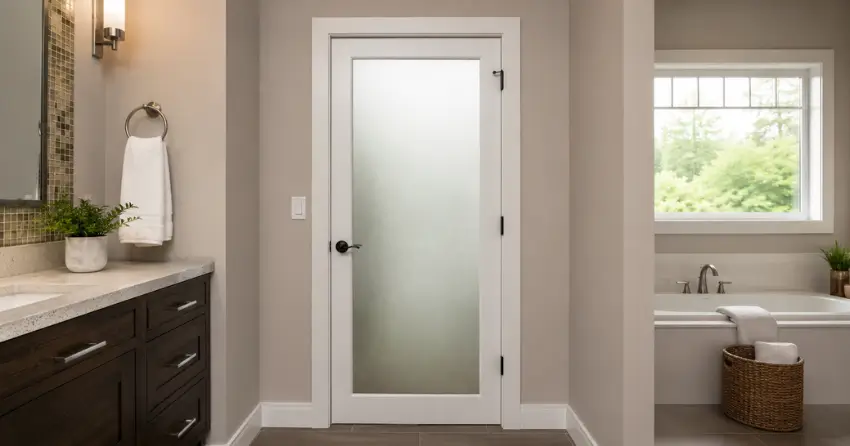 frosted glass panel bathroom door installed in a Clearview, Oakville home