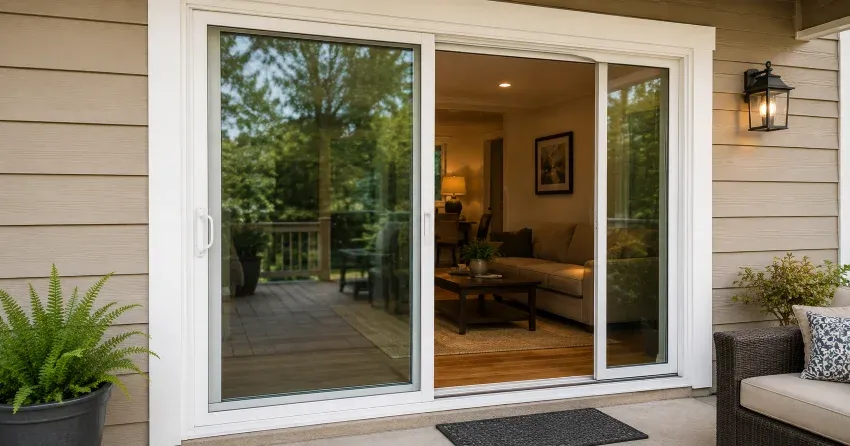 Patio Door Installation technician setting a new frame in Eastlake, Oakville