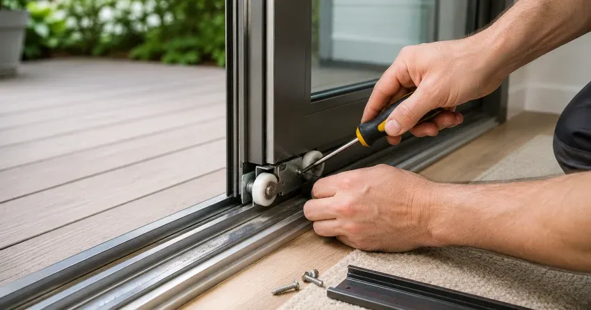 sliding door fix Iroquois Ridge South, Oakville technician diagnosing track issue