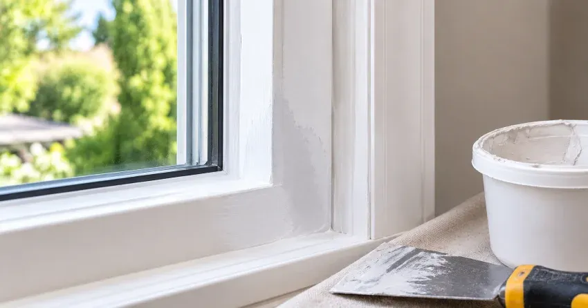 technician repairing rotted window frame corner in Morrison, Oakville