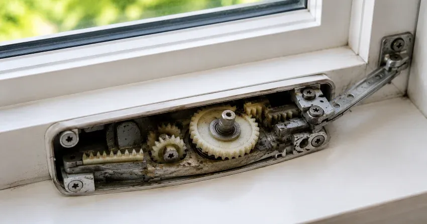 technician replacing casement window crank operator in Lyons District, Oakville home