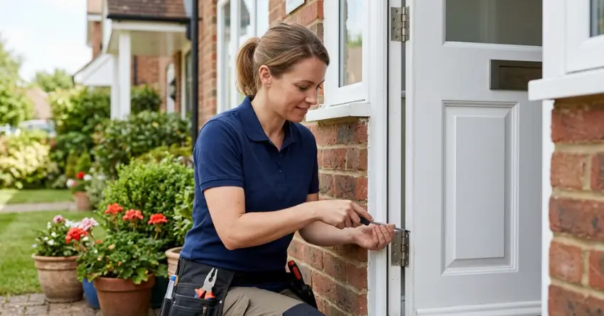 technician repairing exterior door hinge and frame in Bronte, Oakville