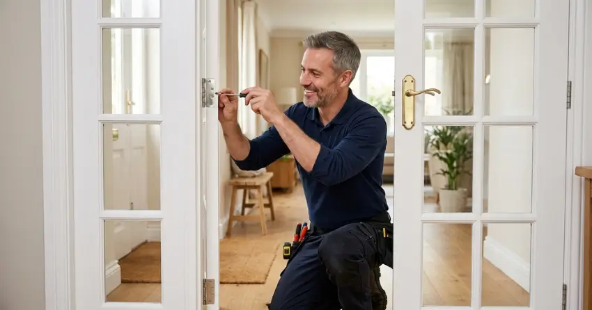 technician adjusting French door hinge for proper alignment in Westmount, Oakville