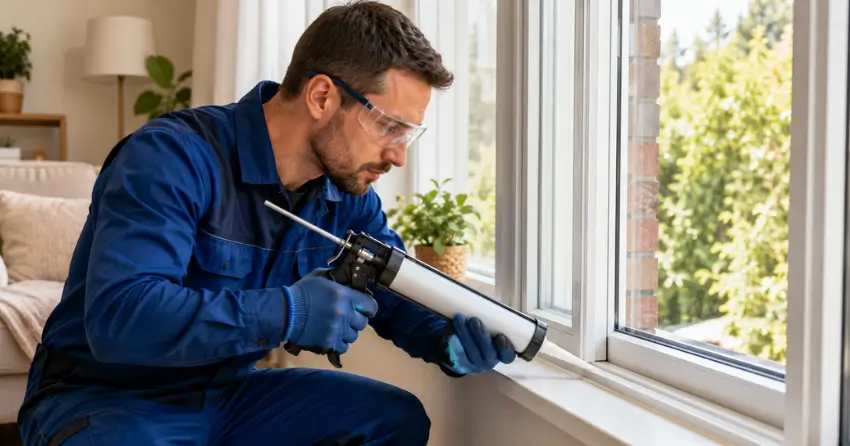 technician repairing window seal and frame in West Oakville, Oakville