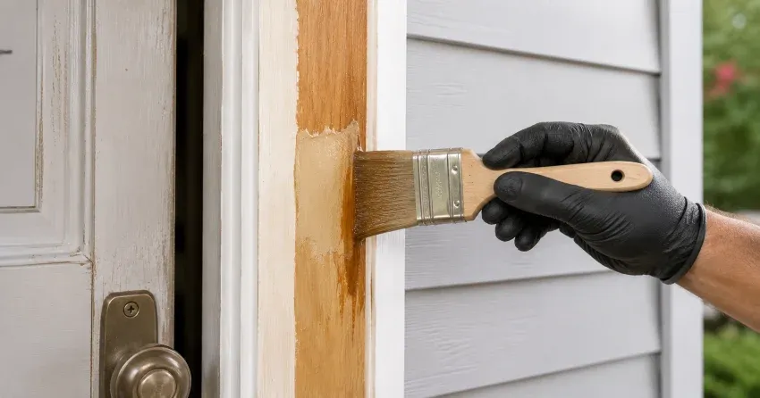 technician probing rotted wood on a door frame in Ford Drive, Oakville