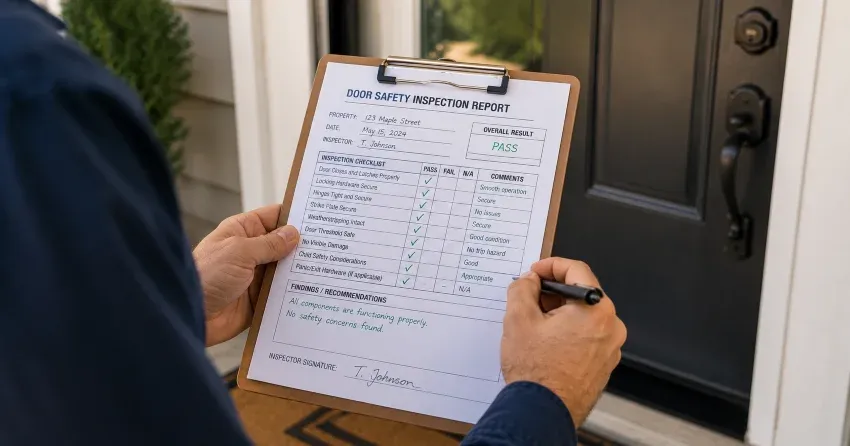 inspector checking strike plate and door frame during safety inspection in Oakville