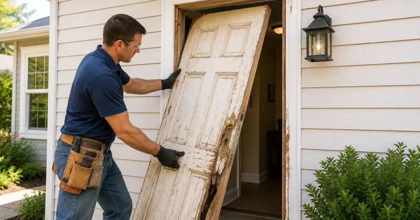 warped exterior door frame showing weather damage in Morrison, Oakville